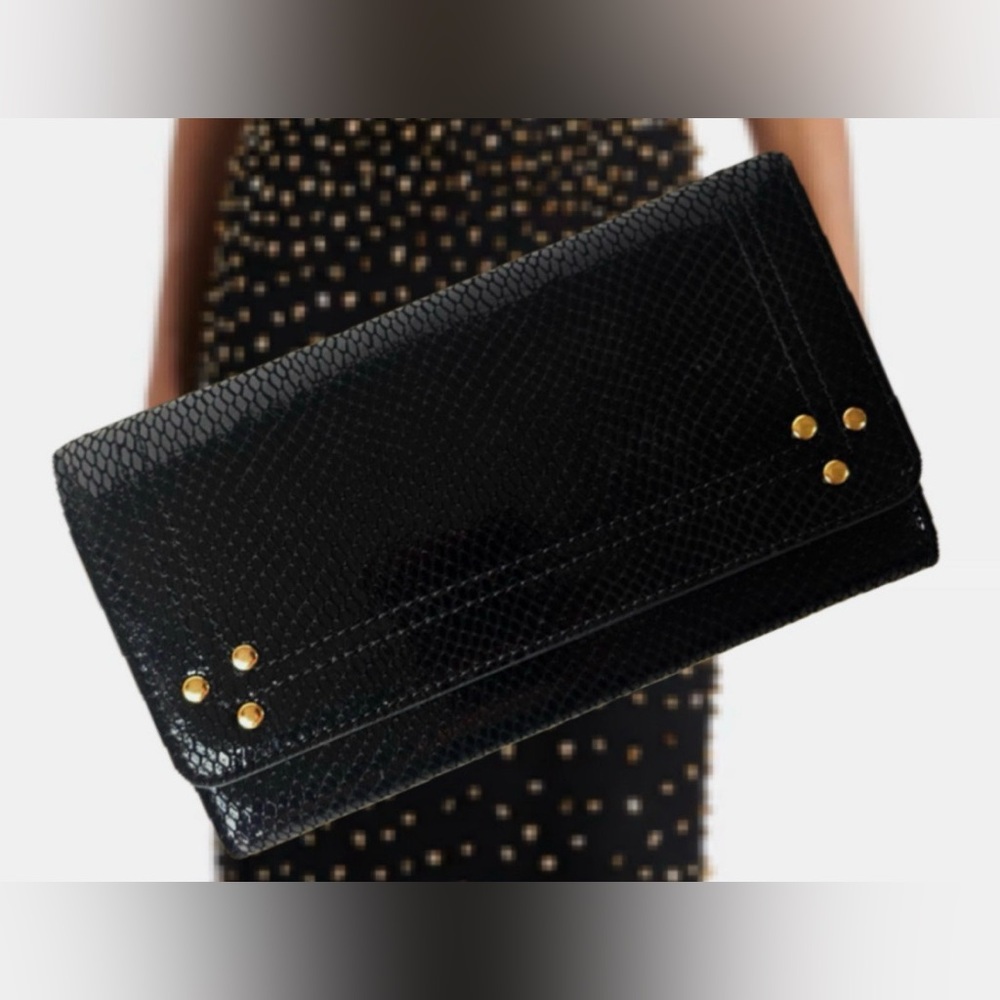 Italian Black Embossed-Leather Clutch with Gold Studded corners . NWT